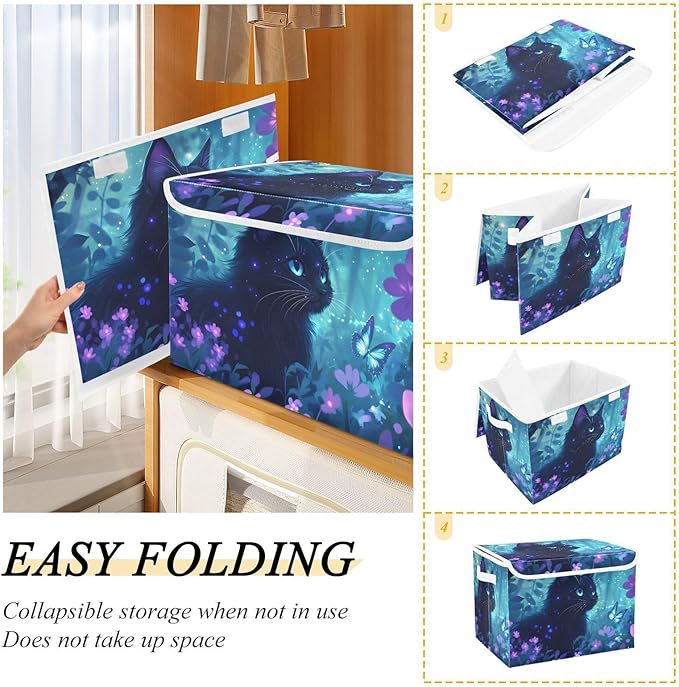 AIXIWAWA Lidded Storage Cube (Fantastic Forest Cat) Fabric Foldable Closet Bins with Flip Lid and Handles Organizer Basket Container 16.5 x 12.6 x 11.8 IN