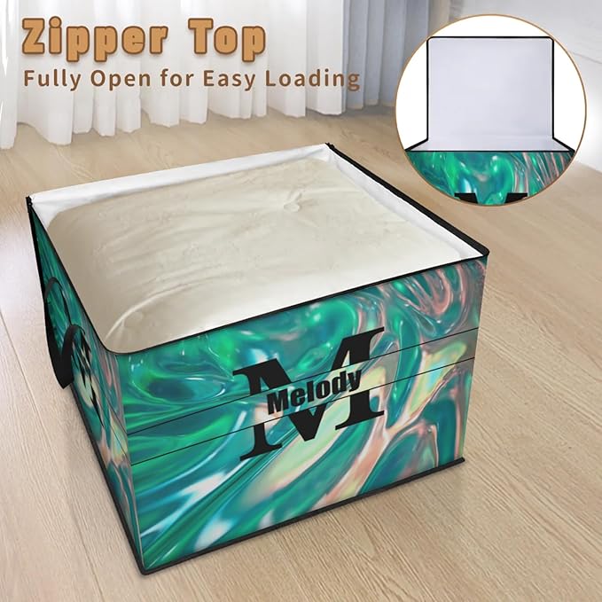 Custom Name Large Clothes Storage Organization with Lids Black Initial Letter Kids Toys Bin Shelf Basket Bedding Clothes Storage Bin for Nursery Gift Basket Abstract Green Pattern