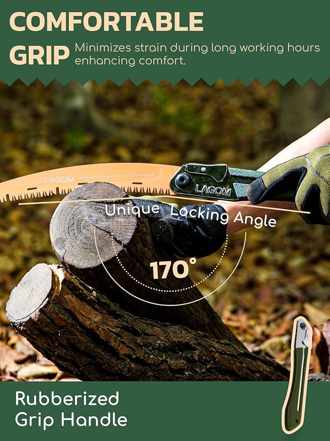 LAGOM Folding Camp Saw for Cutting Branches 11.4 Curved Blade | SK5 Steel Ergonomic Handle One-Hand Use Secure Lock | Foldable Pruning Tool for Camping Gardening Survival Kayaking Outdoors