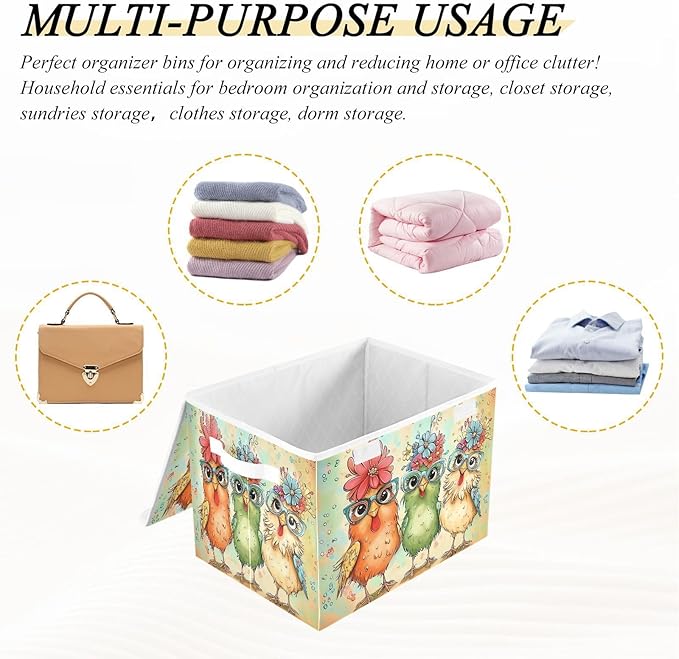 Hen Flowers Chicken Glasses Storage Bins with Lids Foldable Storage Boxes Cube Closet Storage Baskets Container Organizers for Home Bedroom Office