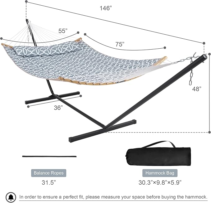 Double Hammock with Stand Included Portable Hammock with Curved Spreader Bar Pillow and Carrying Bag 450 Lbs Capacity Grey Pattern