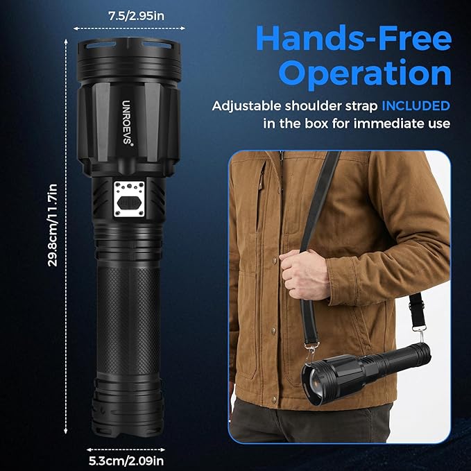 Brightest Flashlight 35000 Lumens Most Powerful Flashlight with 28000mAh Battery Super Bright Tactical Flash Light with Adjustable Zoom USB Outpot Shoulder Strap for Outdoor Camping Emergency