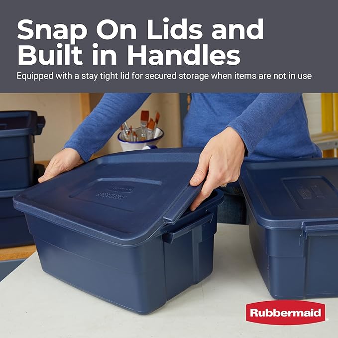 Rubbermaid Roughneck Tote 3 Gal 6 Pack Made in USA Dark Indigo Metallic Rugged Plastic Stackable Storage Bins with Lids and Handles