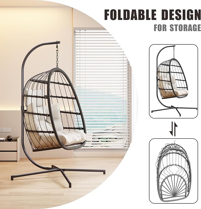 HWB Hanging Egg Chair with Stand Patio Wicker Egg Swing Chair with Cushion for Bedroom Garden Indoor Outdoor (Beige)