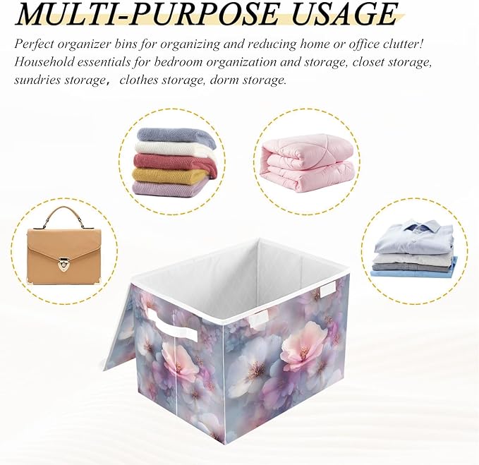 Collapsible Storage Bins with Lids Decorative Fabric Storage Cubes Closet Organizer and Storage Basket Boxes Containers for Clothes Box Chest Folding Rectangle Blue Purple Cherry Blos