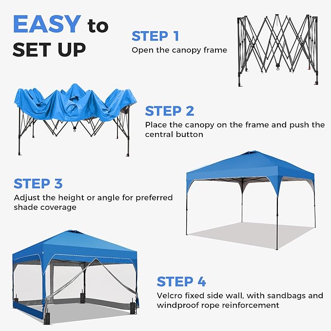 GDY 8x8 FT Pop Up Canopy Tent with One Push SetupSetup Gazebo with 4 PVC Transparent SidewallsEasy Carry for Events Parties Camping Blue