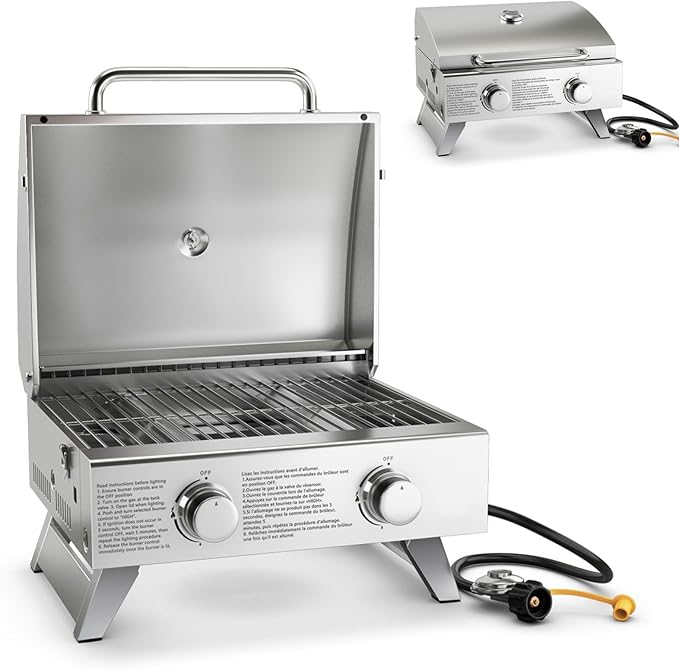 Giantex Portable Gas Grill with 2 Burner Max. 20000 BTU total Folding Legs Built-in Thermometer Travel Locks Stainless Steel Tabletop Propane Gas Grill for Camping Picnic Cookout RV BBQ