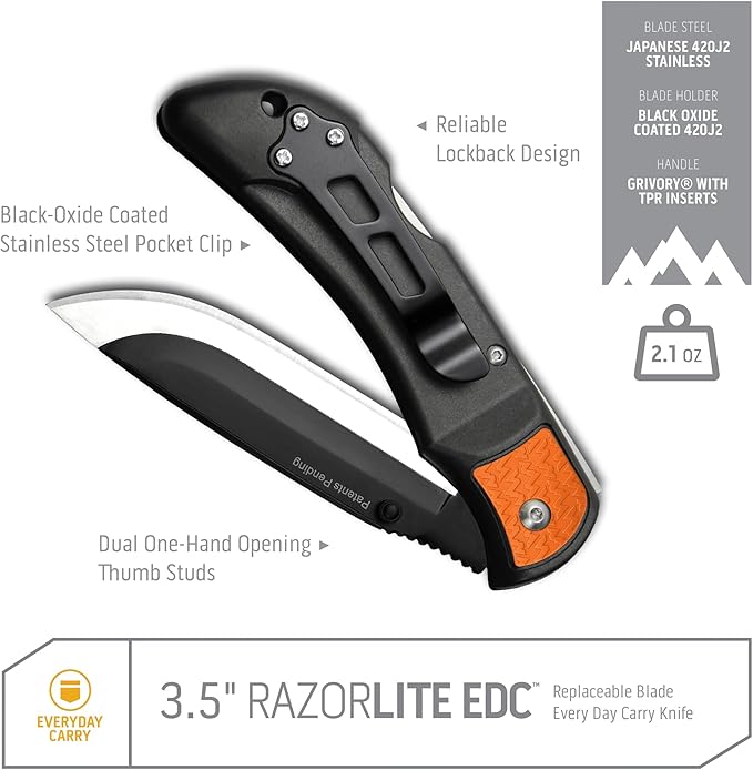 OUTDOOR EDGE 3.5 RazorLite EDC Knife. Pocket Knife with Replaceable Blades and Clip. Perfect For Hunting &amp Skinning Deer. Blaze Orange with 30 Blades.