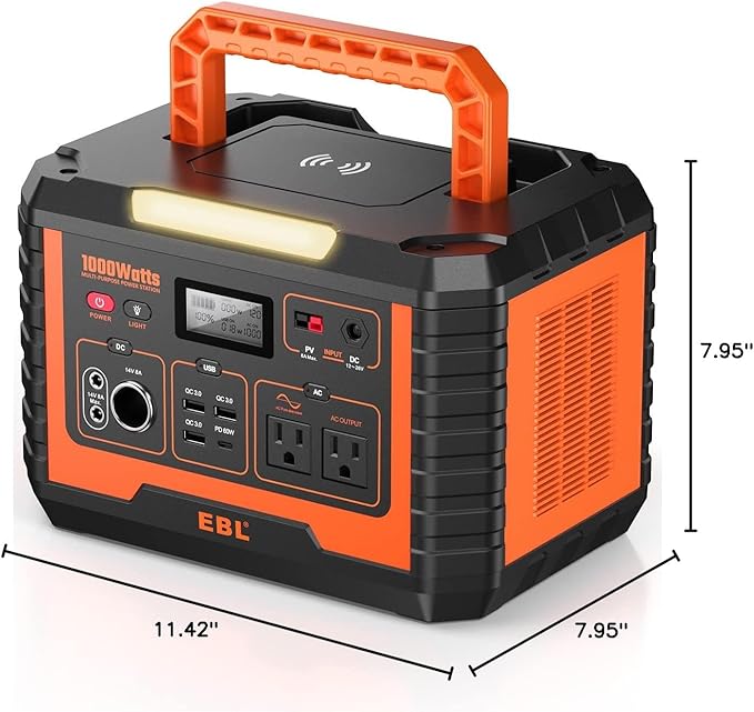 EBL Portable Power Station 1000W 999Wh Solar Generator 2000W Peak AC/Wireless Charging/60W USB-C Output Lithium Battery for Emergency Home Backup Camping RV Off-Grid Living