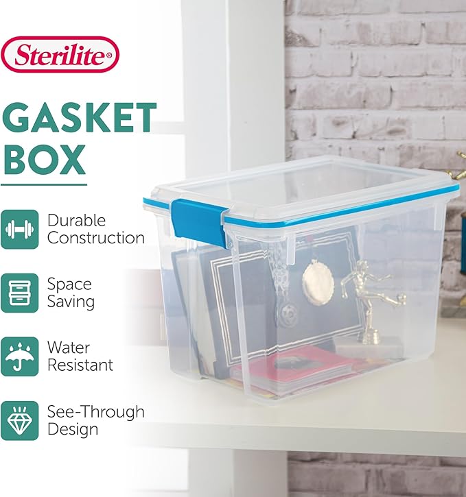 Sterilite 6-Pack Gasket Box Weather-Resistant Storage Bins with Latching Lids 20 Quart - Heavy-Duty Organizing Containers for Closet Bathroom and Office