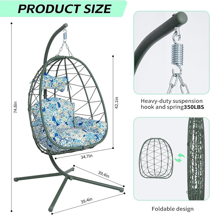 Hanging Egg Chair with Stand Outdoor Indoor Patio Rattan Swing Hammock Chairs with Washable Cushion PE Wicker Swing Chair for Backyard Bedroom Garden (Dark Green + Floral Cushion No Footrest)