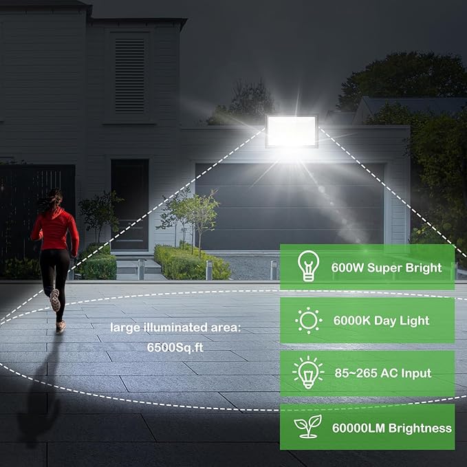 600W LED Flood Light 2PackSuper Bright Daylight 5000K IP66 Waterproof Security Outdoor LED Arena LightsCommercial Lighting Floodlight for FieldsCountsStadium