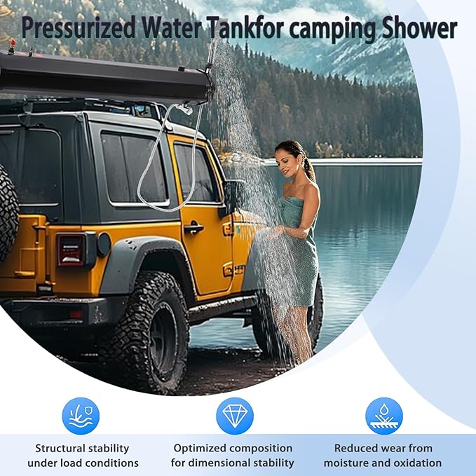 Portable Roof Rack Shower System - Pressurized Water Tank with Adjustable Shower Head &amp Hose - Off-Road Camping Shower for SUV Truck RV &amp Outdoor Adventures