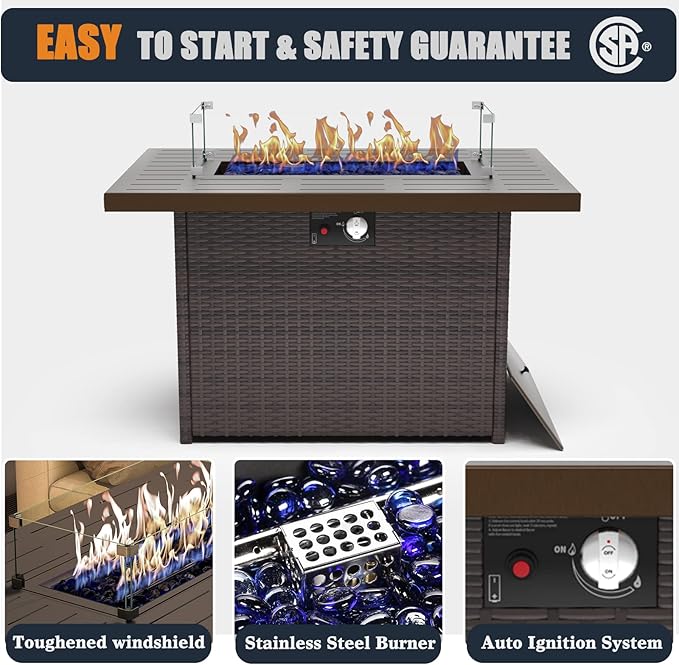 44 Inch Propane Gas Fire Pits Table for Outside Patio 60000 BTU Rectangular Outdoor Wicker Rattan Fire Pit with Glass Wind Guard