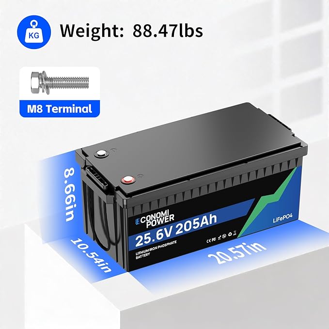 24V 200Ah(205Ah) LiFePO4 Lithium Battery built-in 200A BMS Bluetooth Monitoring 5000 Deep Cycles 5248Wh Lithium Battery for Solar RV Marine Trolling Motor Off-Grid