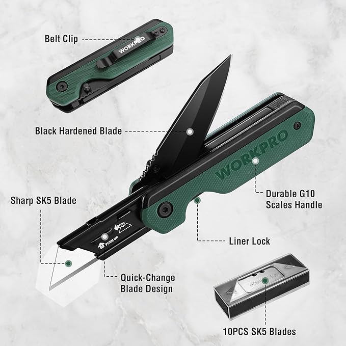 WORKPRO 2-in-1 Folding Knife/Utility Knife - Gifts for Dad &amp 18-in-1 Multi Tool Pliers Green