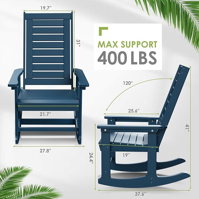 GREENVINES Outdoor Rocking Chairs | Set of 2 | Porch Rocker | HDPE Plastic | Blue | Oversized Rockers | High Back | Big &amp Tall | Ladder Back | for Patio Outside Backyard Balcony Garden