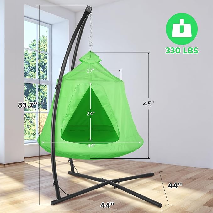Arlopu Hanging Hammock X-Stand w/Tree Tent Indoor Metal Swing Chair Stand w/Play Tent Outdoor Egg Basket Patio Seat w/Support Stand Porch Bedroom Balcony Chair w/Adjustable Solid Stand (Green)
