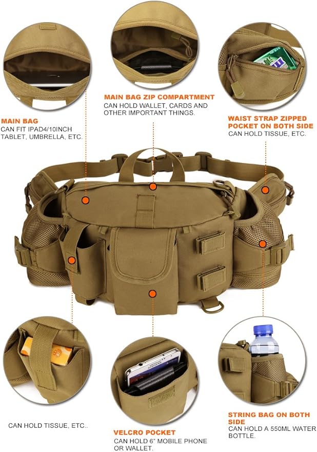 Huntvp Tactical Waist Pack Bag with Water Bottle Pocket Holder Military Fanny Packs Waterproof Hip Belt Bag Pouch for Hunting Camping Trekking (Brown)