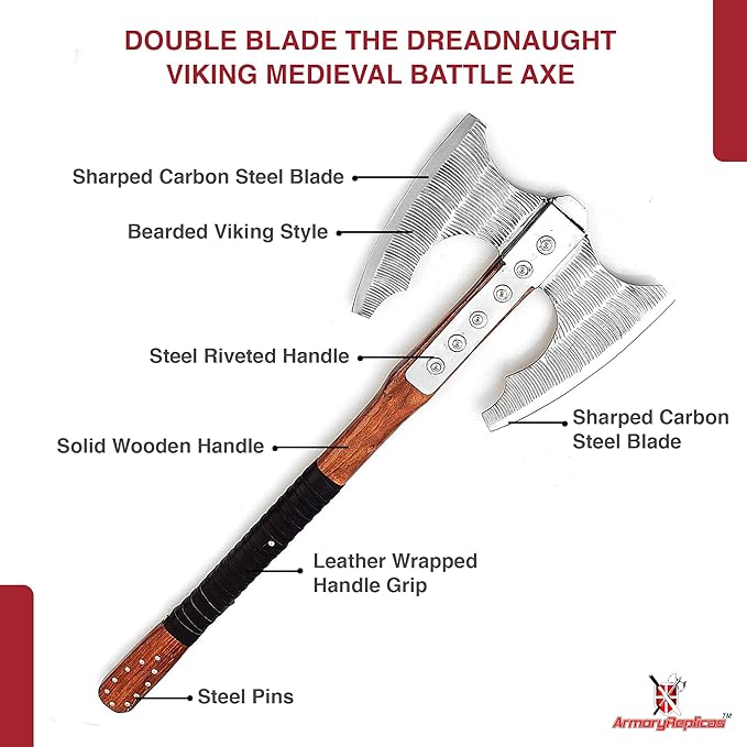 Armory Replicas™ Viking Double-Bladed Axe with Carbon Steel Blades and Leather-Wrapped Walnut Handle