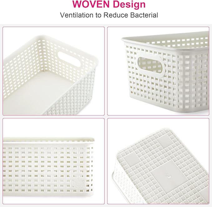 AREYZIN Plastic Storage Baskets With Lid Organizing Container Lidded Knit Storage Organizer Bins for Shelves Drawers Desktop Closet Playroom Classroom Office White 6 Pack