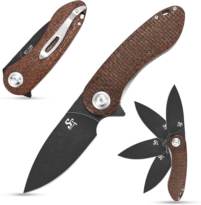 Sitivien ST139 Folding Knife Sandvik 14C28N Steel Blade Knife Micarta Handle EDC Tool Knives for Outdoor Camping Hiking Hunting Survival(Brown)