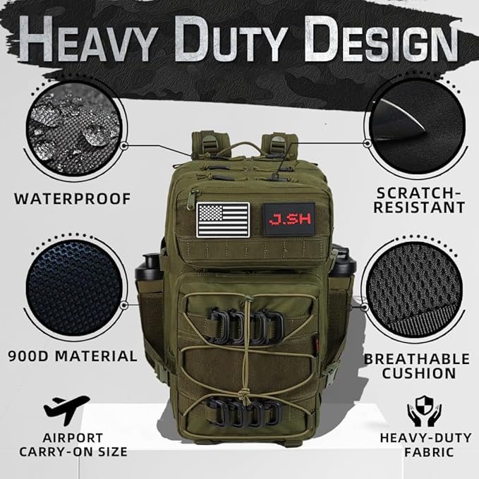 J.SH Large Military Tactical Backpack for Men EDC MOLLE Backpack 900D Oxford Nylon 3-Day Assault Rucking Pack Heavy-Duty Tactical Gear for Outdoor HikingRugged Survival&ampBug Out Bag-45L Army G