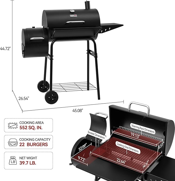 Barrel Charcoal Grill with Offset Smoker Side Shelf with Hooks Mesh Bottom Shelf Blow-Molded Wheels Outdoor Grilling and Backyard Cooking CC1624S Black