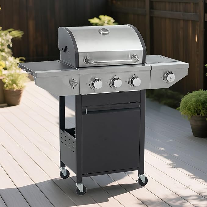 Endark 3-burner Propane Gas Grill | 37000 BTU Stainless Steel with Side-iFre Function | with Enameled Cast Iron GrateThermometer and Side Stand Wheels | Great for Patio and Garden Outdoor Cooking