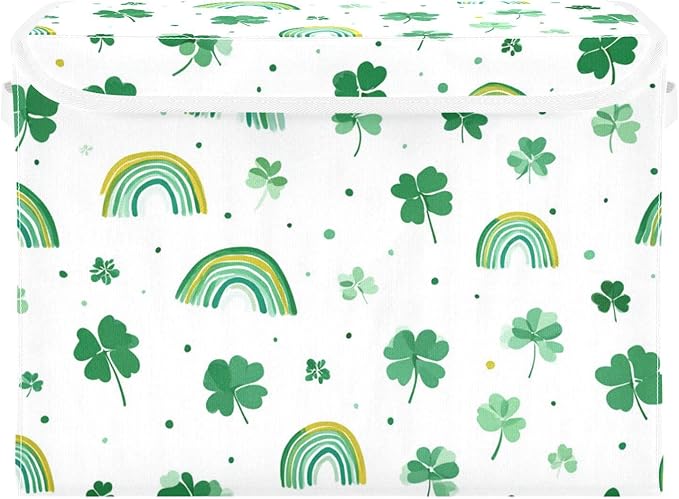 Collapsible Storage Bins with Lids Decorative Fabric Storage Cubes Closet Organizer and Storage Basket Boxes Containers for Clothes Box Chest Nursery Folding Rectangle Green Shamrock Rainbow