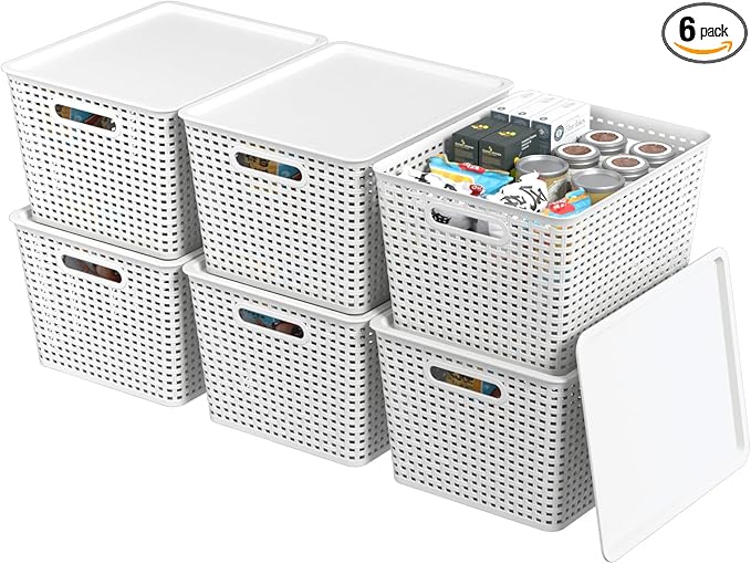 Teyyvn 6 Pack Large Plastic Storage Basket with Lid 20 Quart Lidded Storage Basket Bin for Closet Shelves White