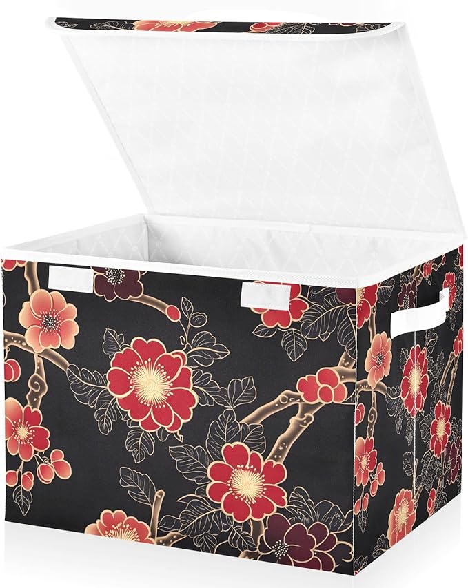 Storage Cube with Lid Chinese Flowers Print 16.5×12.6×11.8 IN 1 Pack Collapsible Large Capacity Foldable Storage Basket Bin Organizer