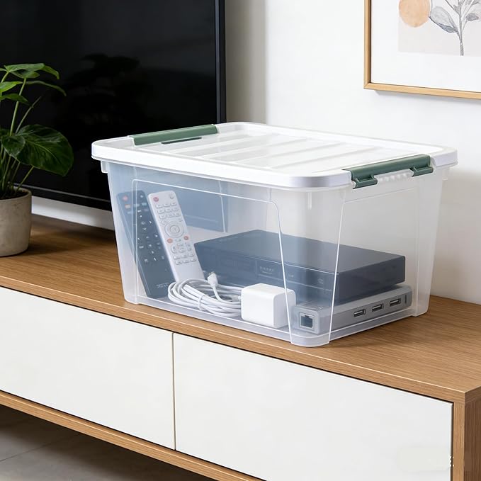 4-Pack Latching Lid Box Large Clear Plastic Storage Bins 35 Quart Green Latch Stackable Container Boxes for Home Bathroom Kitchen and Office Organization