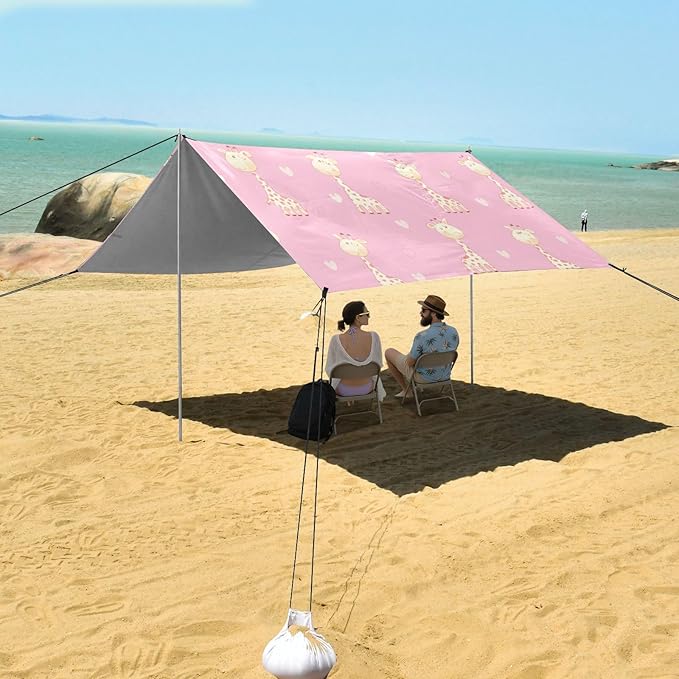 Beach Canopy with Windproof Ropes &amp Sandbags Beach Tent Sun Shade Sun Shelter for Camping Trips Fishing Backyard Fun or Picnics Giraffe