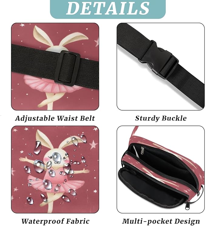 Rabbit Ballet Waterproof Fanny Pack for Women Men Adjustable Waist Bag with Double Zipper Pockets Lightweight Square Hip Pack for Running Travel Hiking Workout Cycling