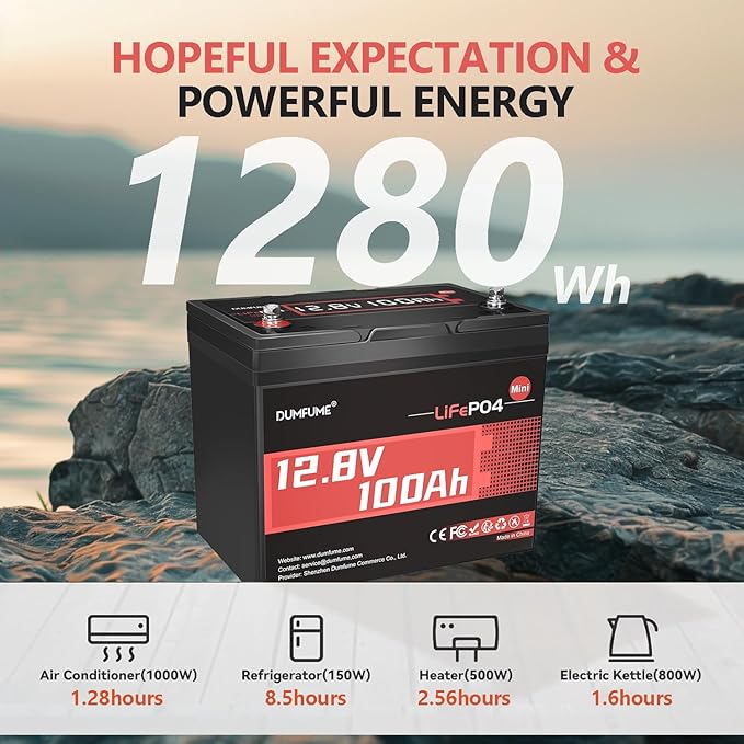 12V 100Ah Mini LiFePO4 Lithium Battery Built-in 100A BMS1280Wh Deep Cycle Rechargeable Battery 6000+ Cycles 10-Year Lifespan for RV Solar Off-Grid and Home Energy Storage