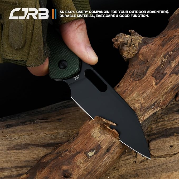 CJRB Pyrite-Alt (J1925A) Folding Pocket Knife with 3.11'' Black PVD AR-RPM9 Wharncliffe Blade Dark Green Micarta HandleButton Lock EDC Knife with Thumb Hole for TacticalOutdoorHiking and Gift
