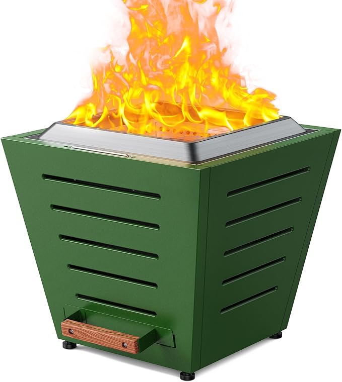 20 Inch Smokeless Fire Pit Stainless Steel Wood Burning Fireplace Portable Outdoor Fire Pit Patio Smokeless Firepit with Pull-Out Ash Tray and Handles Green