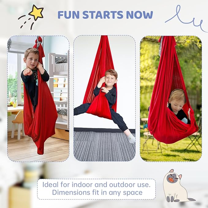 Therapy Swing for Kids with Special Needs (Hardware Included) Snuggle Swing Cuddle Hammock Indoor Adjustable Aerial Yoga for Children with Autism ADHD Aspergers Sensory Integration (Red)