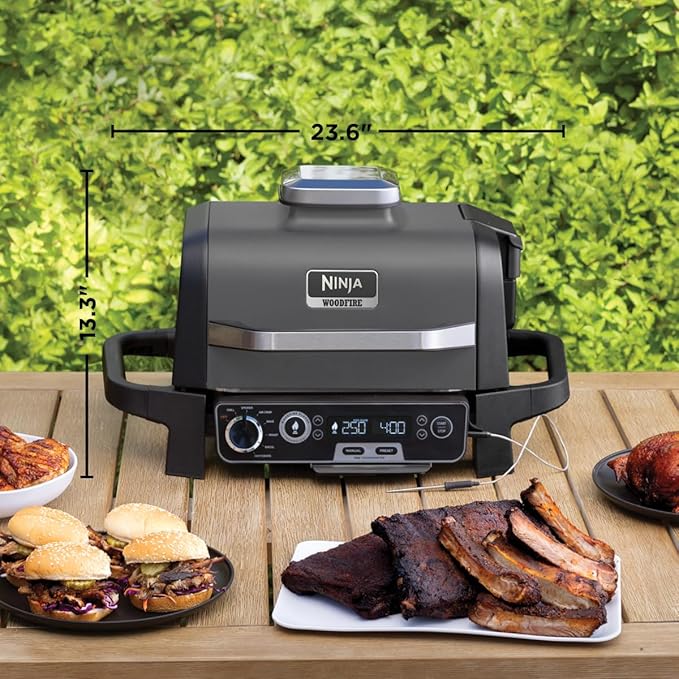 Ninja OG751 Woodfire Pro Outdoor Grill Built-In Thermometer7-in-1 Master GrillBBQ Smoker&amp Outdoor Air Fryer Plus BakeRoastDehydrate &amp BroilWoodfire TechnologyWeather-ResistantGrey XL