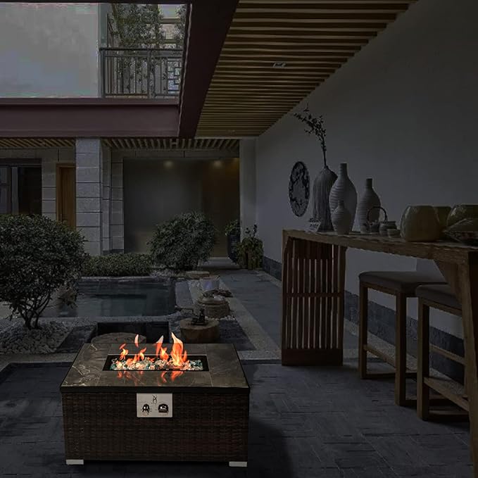 32'' Propane Fire Pit Table Marble Textured Ceramic Tabletop 50000 BTU Fire Table with Brown Wicker Mix Color Glass Rocks Including Lid&ampCover Rectangle Tank Required to Be Kept Outside