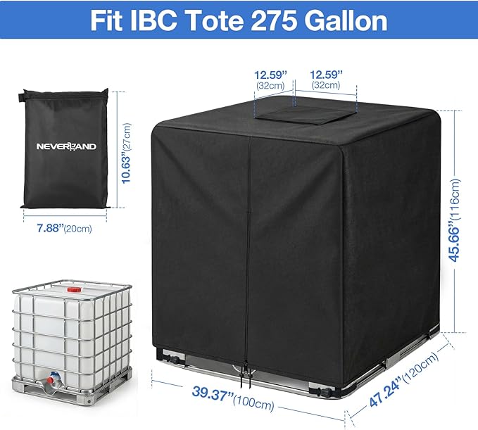 NEVERLAND IBC Tote Cover 275 Gallon 420D Heavy Duty Outdoor Water Tank Cover with Half Zipper &amp Top Velcro Opening UV &amp Waterproof Protection Fits 1000L IBC Tote