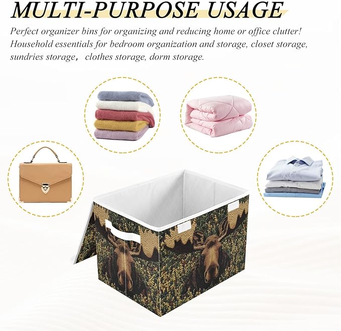 Storage Cube with Lid Moos in Bush Print 16.5×12.6×11.8 IN Collapsible Large Capacity Foldable Storage Basket Bin Organizer