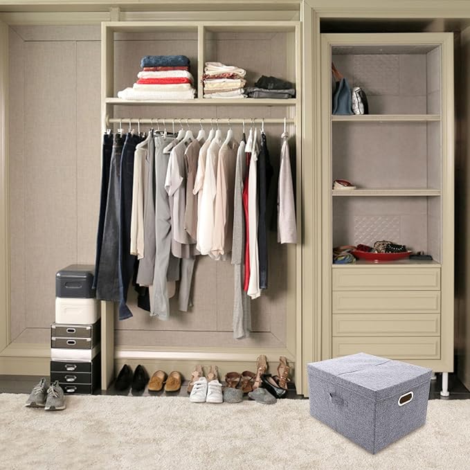KALLORY Fabric Storage Box with Metal Buckle Large 40x50x30cm Linen Blend Foldable Storage Bin for Household Organization