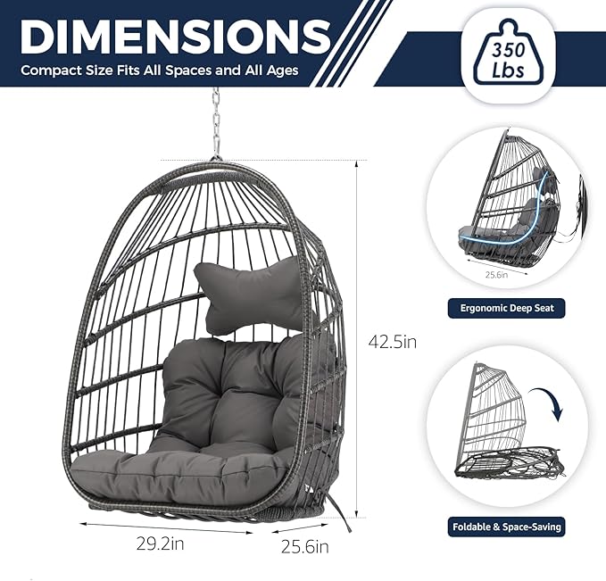 Nicesoul Patio Hanging Egg Chair No Stand Foldable Ceiling Egg Basket Chairs Without Stand Indoor Outdoor 350lbs Egg Shell Swing Hammock Chair with Cushion for Backyard Balcony Outside Dark Grey