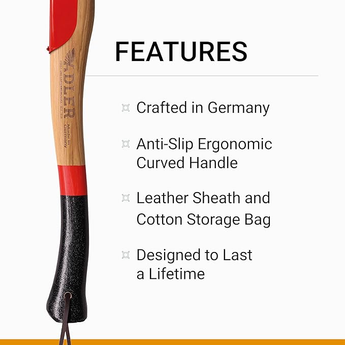 Adler Short Splitter – German Made Wood Splitting Axe Hickory Handle Anti-Slip Grip 2-3/4 lb Head 19.6 Ergonomic Handle w/Leather Sheath for Camping Firewood Bushcraft &amp Outdoor Use (A9)