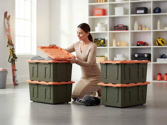 Heavy-Duty Storage Tote 27 Gallon Black and Orange 30.6 W x 20.6 D x 14.3 H (4 PACK)