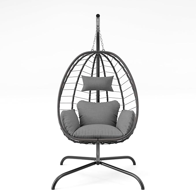 ALAULM Foldable Egg Chair with Stand 485LBS Capacity Wicker Rattan Hammock Swing Chair for Outdoor &amp Indoor Hanging Chair with Strong Frame &amp UV Resistant Cushion for Balcony Bedroom Light