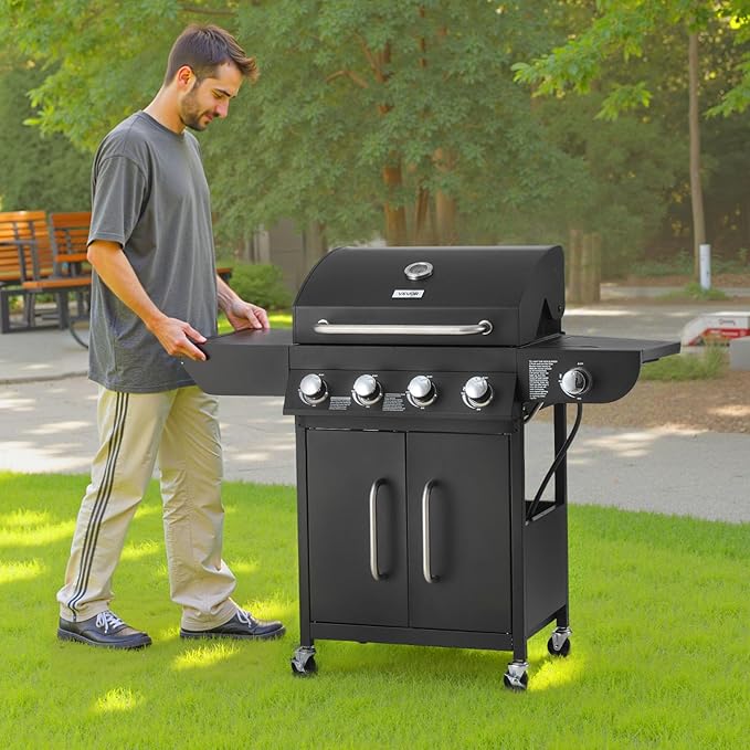VEVOR Gas Grill 4 Burner Propane Gas Grill with Side Burner 425 SQ.In Grilling Area Carbon Steel Enamel Grates Outdoor 52000 BTU Patio Garden BBQ Grills with Two Side Shelves Carbon Steel