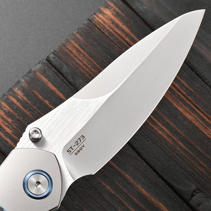 Sitivien ST273 Folding Knife S90V Steel Blade Titanium &amp Carbon Fiber Handle Knife with Pocket Clip for Outdoor Camping Hiking Survival Hunting (Blue+Red)